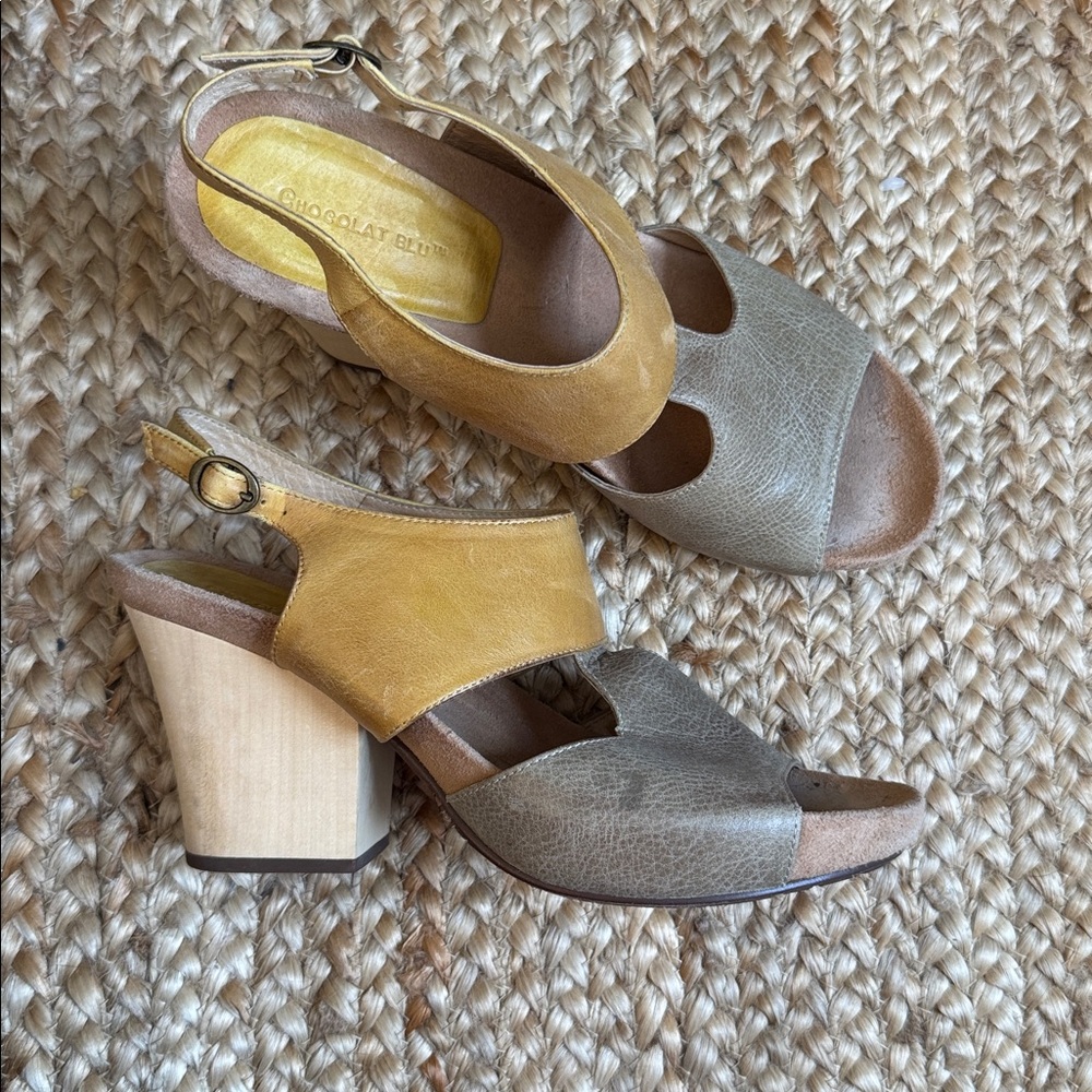 Chocolat Blu 8.5 Grey Yellow Color Block Wood Sandals Heels Samba 8.5